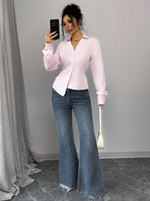 EMERY ROSE Women's Spring Casual Striped Print Asymmetric Ruffle V-Neck Long Sleeve Tie Front Blouse